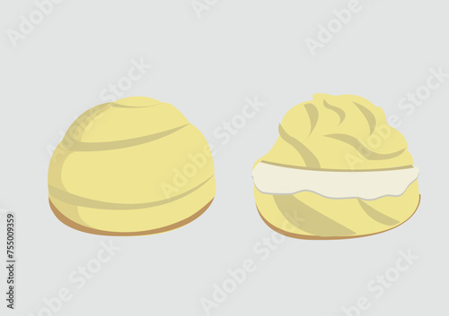 Pastri choux called "kue sus" in indonesia. Wet cake filled with vanilla vla. Cream Puff isolated on white background. Flat Style.
