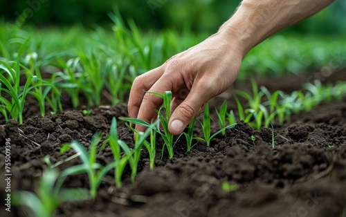 Farmer gently caresses the tender wheat sprouts  embracing eco-friendly practices in agriculture for a sustainable future.