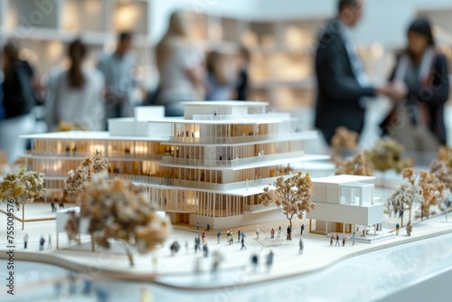 Architects huddle around a model, sharing ideas for the sleek, modern building.