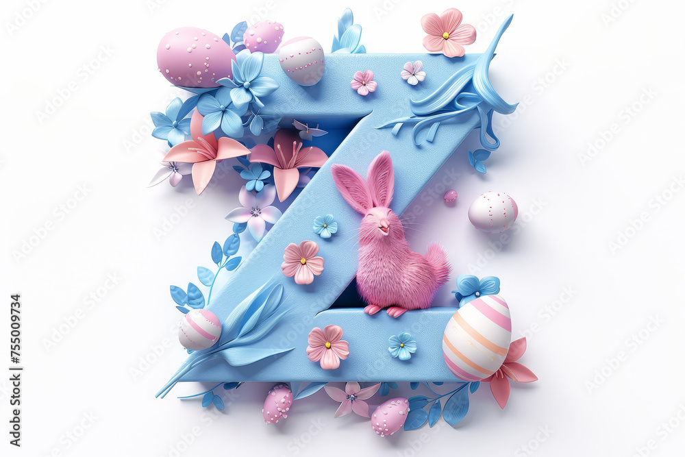 Colorful Easter-themed 3D illustration of the letter with flowers and eggs.