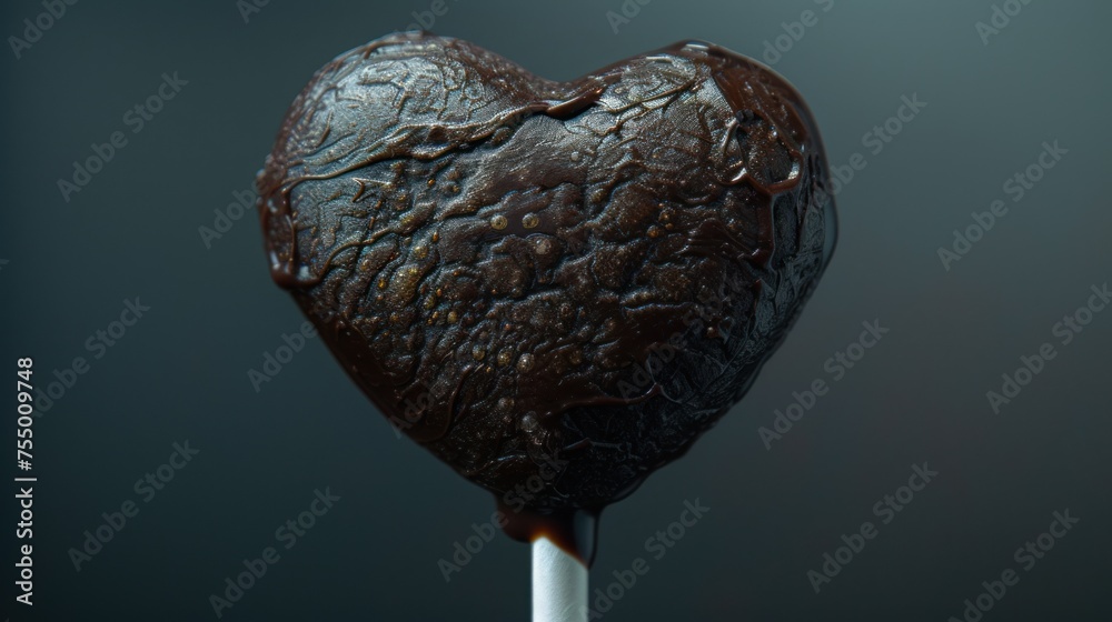 a heart shaped chocolate lollipop sitting on top of a white stick with a bite taken out of it. a heart shaped chocolate lollipop sitting on top of a white stick with a bite taken out of it.