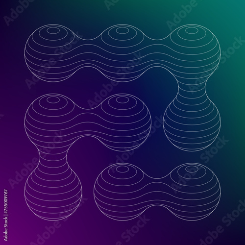 Technology meta ball abstract wireframe. 3d circles connect into grid shapes forming molecule line mesh surface. Geometric liquid blob retro outline blueprint.