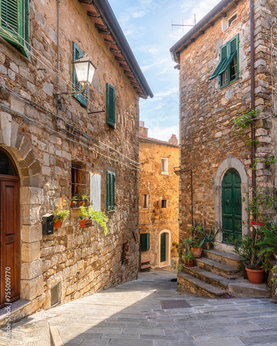 Scenic sight in the village of Campiglia Marittima  on a sunny summer afternoon. In the Province of Livorno  in the Tuscany region of Italy.