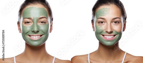 A womans before photo shows a neutral facial expression with a green mask on her forehead, nose, and chin. In the after photo, she is smiling, highlighting her jawline and eyebrows © 2rogan