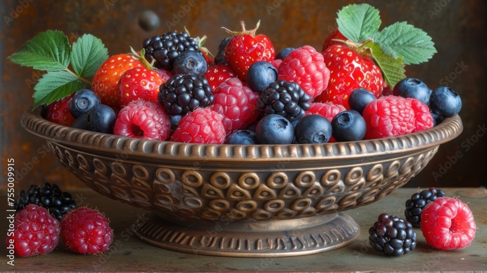 a bowl of raspberries, blueberries, and raspberries with mint leaves on a wooden table. a bowl of raspberries, blueberries, and raspberries with mint leaves on a wooden table.