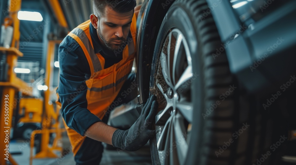 A man in a yellow vest is working on a car tire