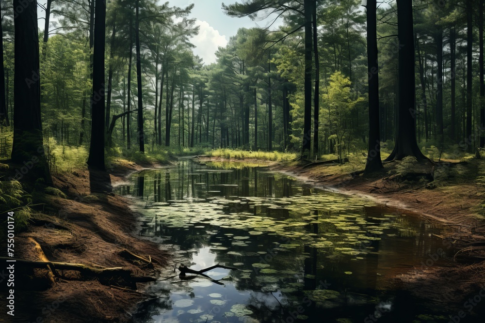 Obraz premium Reflective Pond calm forest water. Plant spring. Generate Ai