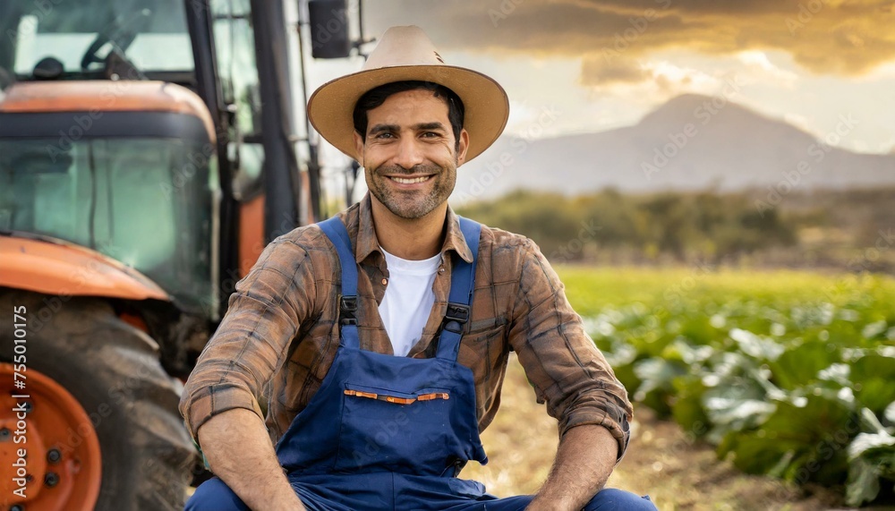  Portrait of a smiling farmer sitting next to a tractor in working clothes 