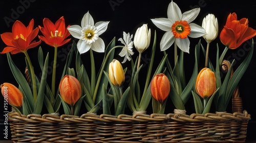 a basket filled with lots of flowers on top of a wooden table in front of a black backround. photo