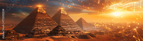 Ancient Egyptian pyramids intertwined with futuristic cybernetic technology