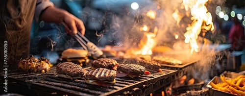 Chef grilling burgers at an outdoor international food festival Street food served from stall