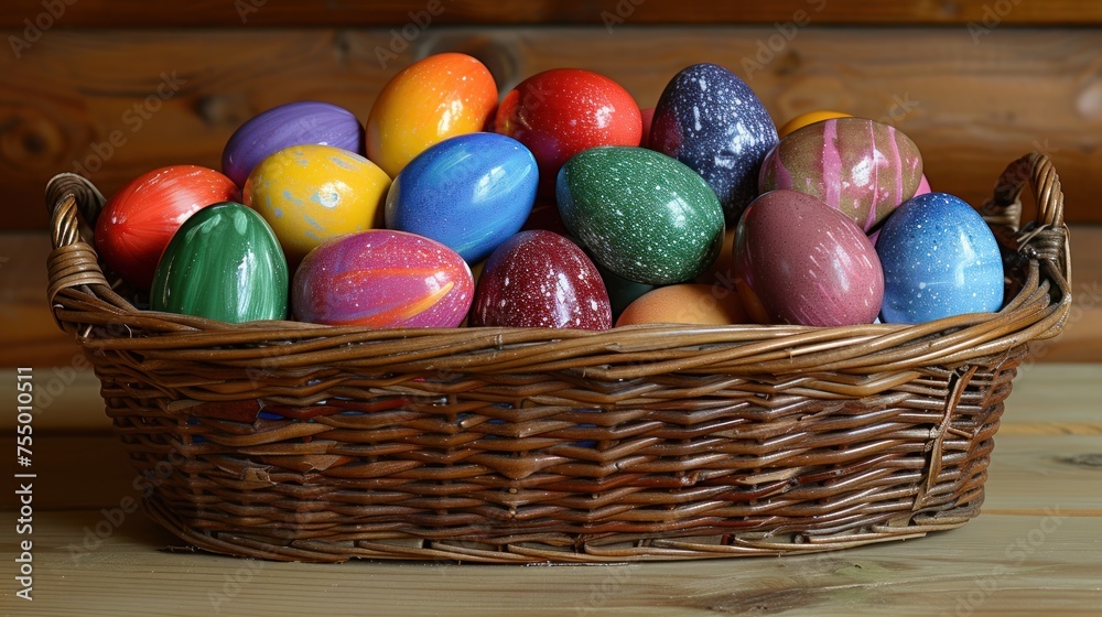 a basket filled with colorfully painted eggs on top of a wooden table in front of a wood paneled wall. a basket filled with colorfully painted eggs on top of a wooden table in front of a wood paneled wall.