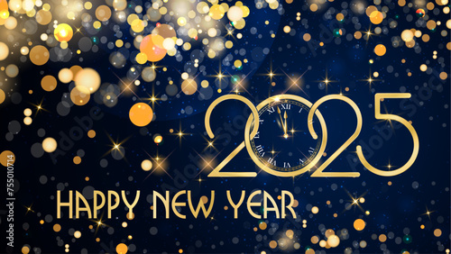 card or banner to wish a happy new year 2025 in gold with gold-colored circles and glitter in bokeh effect on a blue background