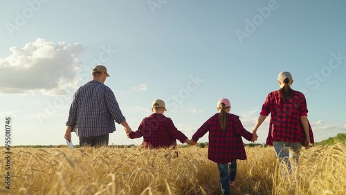 Happy family of farmers are walking in wheat field. Farmers parents, children, work in field. Young happy family is teaching children how to grow wheat. Family business concept. Dad, mom, son daughter