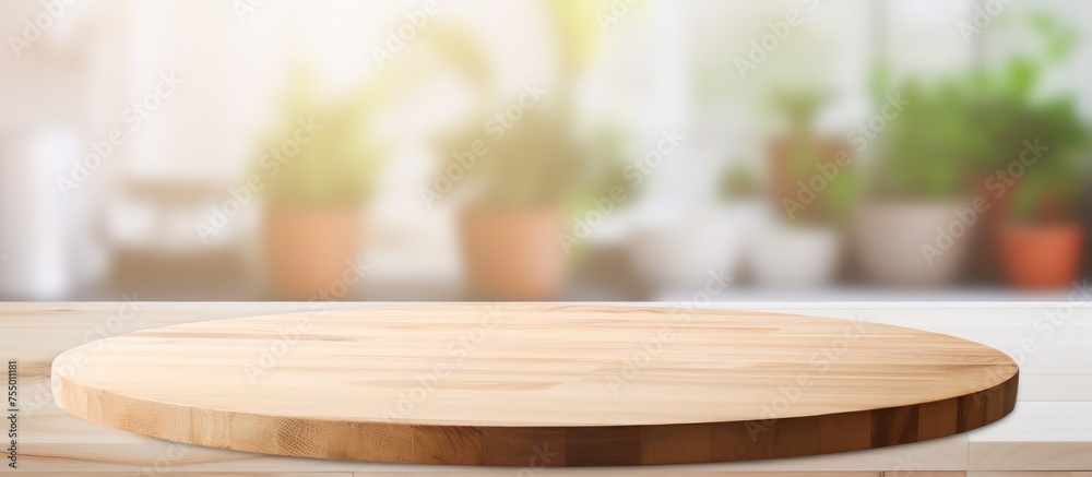 A wooden cutting board is positioned on top of a clean and bright kitchen counter. The tabletop is empty and ready for display, creating a simple yet practical setup.