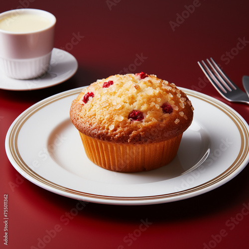 A muffin placed on a white plate with a red border,photo 