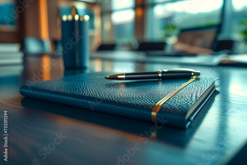 Conference room style, stylish notepad and pen ensemble photo