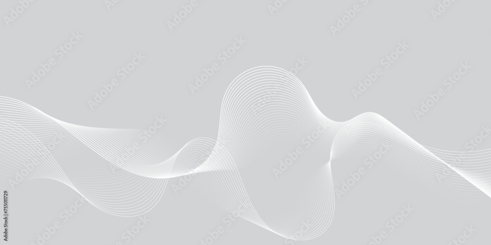 Gray and white abstract background with flowing particles. Digital future technology concept. Abstract white paper wave background and abstract gradient and white wave curve lines.
