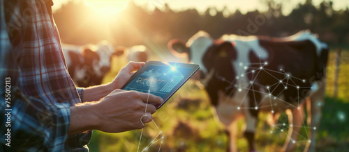 modern farm with technology concept background. young farmer use tablet in the cow farm photo