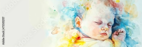 Watercolor illustration of a sleeping child baby in soothing pastel colors, banner photo