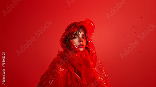 Rain-Ready Chic: Model in Red Coat Studio Shot photo