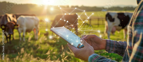 modern farm with technology concept background. young farmer use tablet in the cow farm
