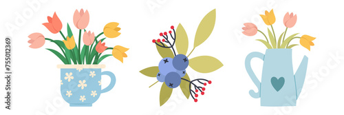 Happy Easter flowers flat cartoon