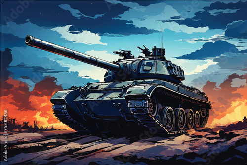 An illustration of an Army tank in combat. A scene from a battleground including a military machine tank. A combat tank. Battle-tank. army tank in the military. Armament Car. War machine. Tank. 
 photo