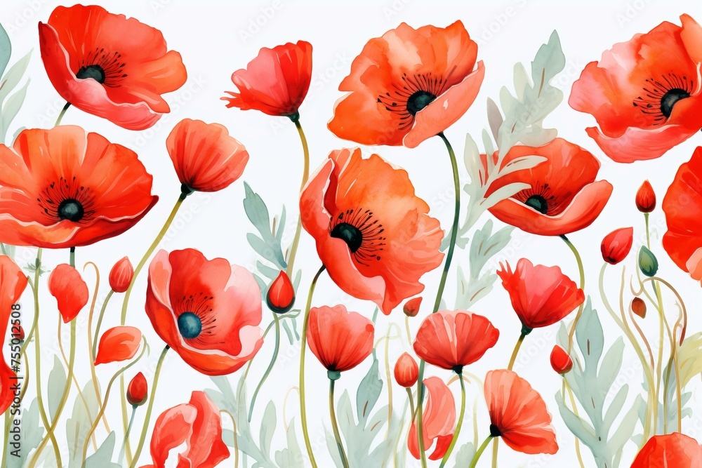 Fototapeta premium Expressive Watercolor poppies illustration. Summer art nature. Generate Ai