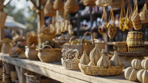 local artisan market with various handmade goods, Handcrafted Wares at Artisan Market Stall, vibrant display of handmade baskets and pottery at a local artisan market, capturing the essence of craftsm © Viktorikus