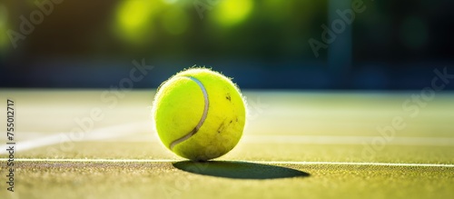 A tennis ball is resting on the grass surface of a tennis court, surrounded by tennis equipment and sporting items for a game of tennis or paddle tennis © 2rogan