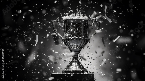 Shining Golden Trophy with Falling Confetti, Black and White photo