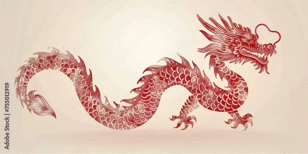 Flat lay chinese red dragon on white background. Modern design Dragon for traditional chinese 2024 year gold new lunar year, celebrative background for chinese new year of drago Flat lay chinese red dragon on white background. Modern design Dragon for traditional chinese 2024 year gold new lunar year, celebrative background for chinese new year of drago