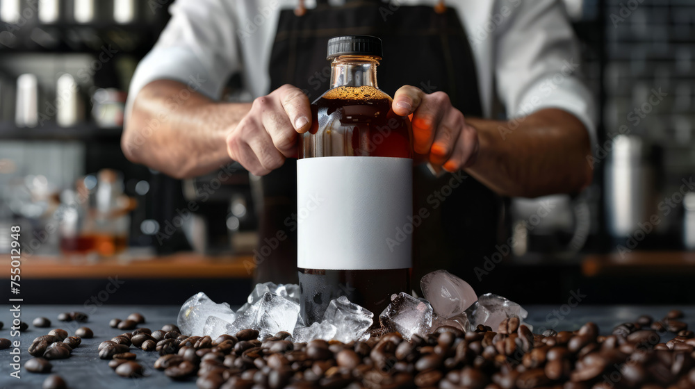 Barista in an apron is carefully sealing a fresh bottle of cold brew coffee, ready for sale or serving Barista in an apron is carefully sealing a fresh bottle of cold brew coffee, ready for sale or serving