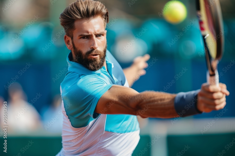 Tennis matches, strong male tennis player hitting a tennis ball with a racket