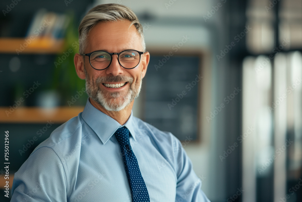 Fototapeta premium A man wearing a blue shirt and a tie is smiling for the camera