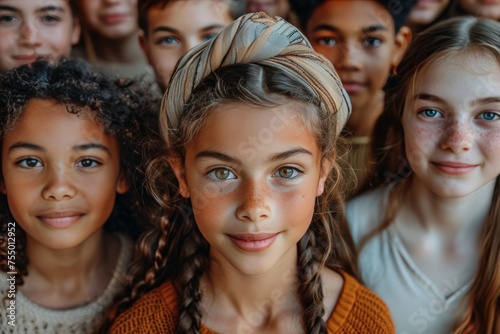 Multigenerational diversity: Group of children with different skin colors and hair types