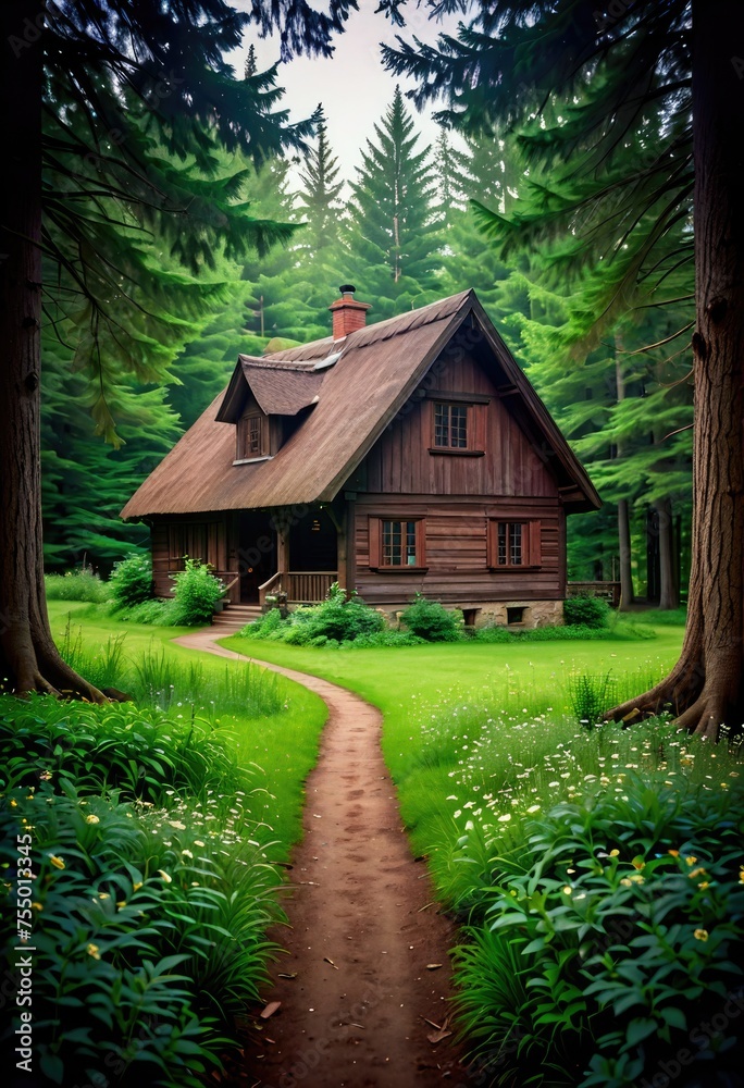 Imagine a quaint village house nestled on the edge of a serene forest