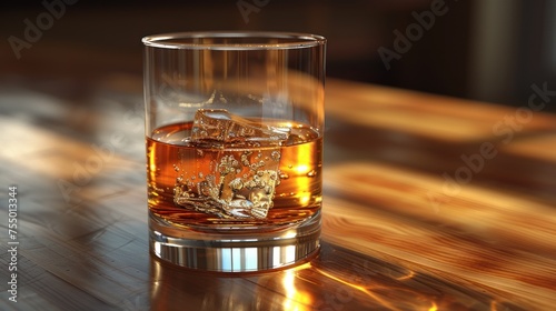 a glass of whiskey sitting on top of a wooden table next to a glass filled with ice cubes on top of a wooden table. photo
