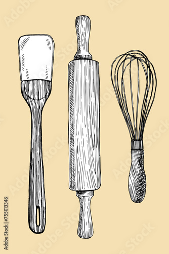 Bakery utensil set, hand drawn sketch, vector illustration 