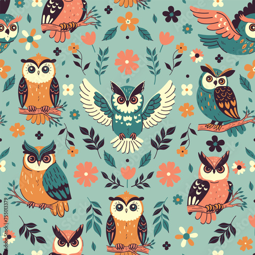 Seamless pattern with owls and flowers. Vector graphics.