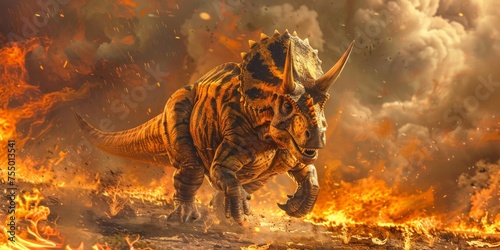 a triceratops striped runs in a meadow of flame