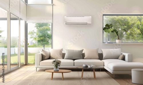 Living room interior, where the air conditioner smoothly cools the room