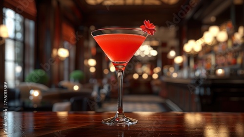 a red drink sitting on top of a wooden table in front of a glass filled with a liquid and a red maple leaf.