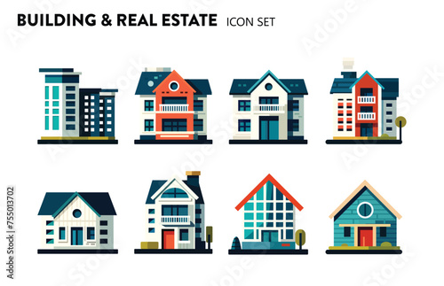 Flat design of modern city houses and buildings. Real estate buildings, skyscrapers. colorful cottage buildings, residental