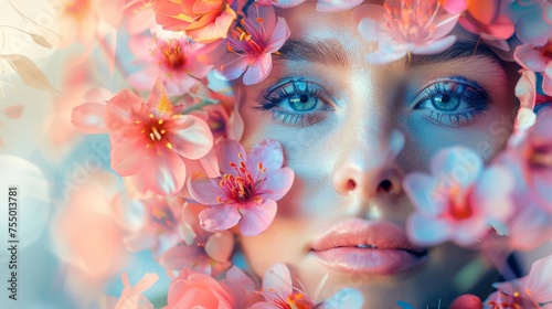 Captivating abstract collage portrays a youthful female amidst a vibrant floral backdrop.