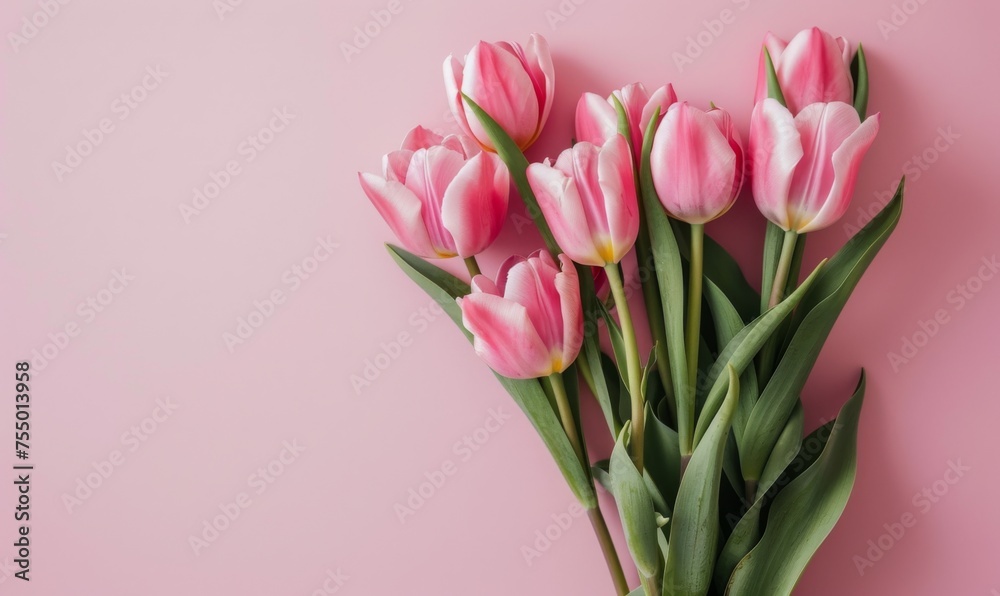 Bouquet of delicate tulips gracefully arranged on a pale pink surface