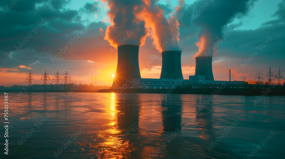 Nuclear power plant with smoke at sunset.