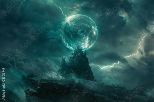 A sorcerer atop his tower reads a prophecy in a crystal ball as lightning cracks the sky.