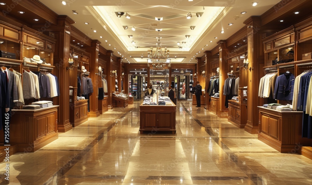 High-end fashion boutique clothing store adorned with elegant displays and designer garments